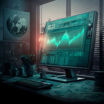 computer and screens with graphs in the office in retro style, graph analysis and world map. High quality illustration