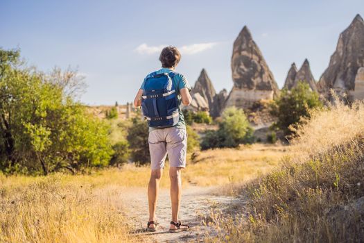 Man tourist on background of Unique geological formations in Love Valley in Cappadocia, popular travel destination in Turkey.
