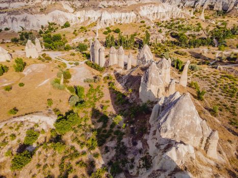 Unique geological formations in Love Valley in Cappadocia, popular travel destination in Turkey.