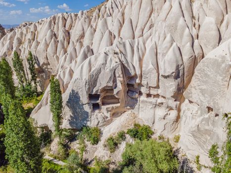 Beautiful stunning view of the mountains of Cappadocia and cave houses. Turkey.