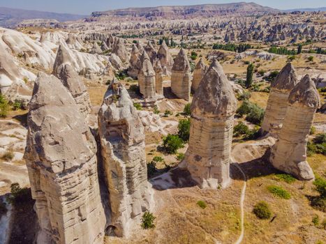 Unique geological formations in Love Valley in Cappadocia, popular travel destination in Turkey.