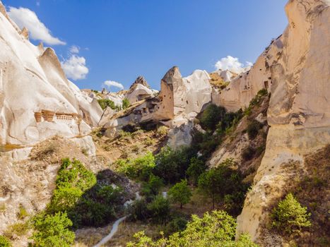 Beautiful stunning view of the mountains of Cappadocia and cave houses. Turkey.