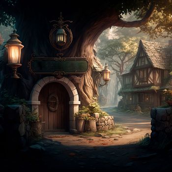 Cozy fairytale town in fantasy style. High quality illustration