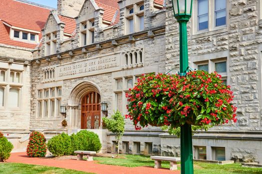 Image of Indiana University college campus exterior buildings with flowers