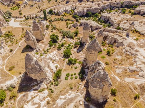 Unique geological formations in Love Valley in Cappadocia, popular travel destination in Turkey.