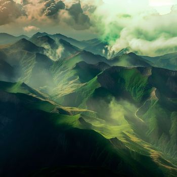 Green mountain range. Landscape of misty mountains. High quality illustration