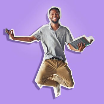 Student, paper cutout and study in scrapbook purple background in graphic design, digital art or nft. Black man, learning and education with book in creative picture, advertising or digital marketing.