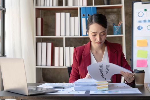 Young Business Asian women are stressed while working on laptop, Tired asian businesswoman with headache at office, feeling sick at work copy space in workplace an home office...