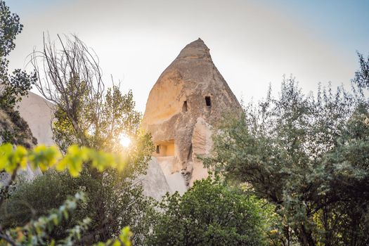 Beautiful stunning view of the mountains of Cappadocia and cave houses. Turkey.