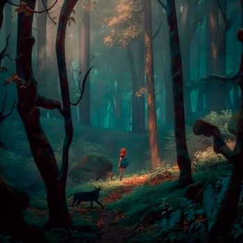 A girl in a big forest. High quality illustration