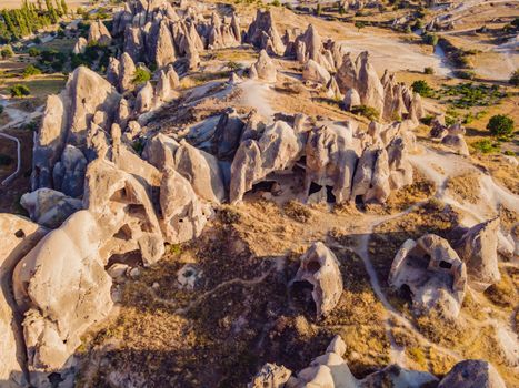 Beautiful stunning view of the mountains of Cappadocia and cave houses. Turkey.