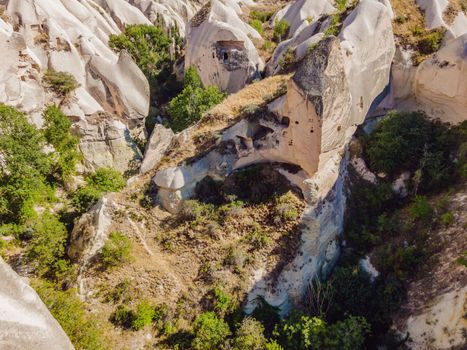 Beautiful stunning view of the mountains of Cappadocia and cave houses. Turkey.