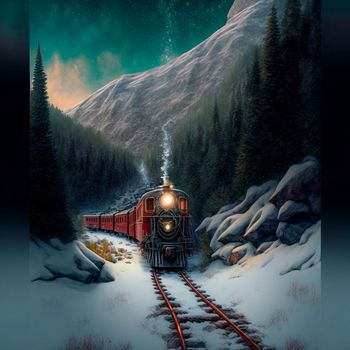 Winter train rides in snowy mountains. A beautiful winter fairy tale. High quality illustration