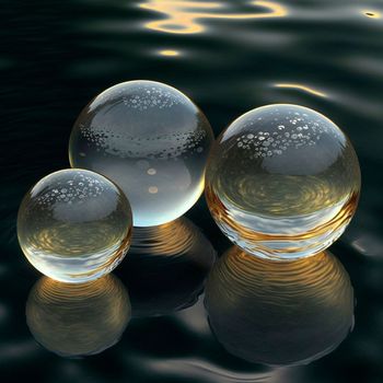 Transparent water spheres against a stunning backdrop of mountains and water. Reflection of the landscape and elements inside the spheres. High quality illustration