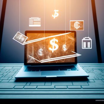 laptop on the table, monitor in the air, graphics of dollars in the air in front of the laptop ,business. High quality illustration