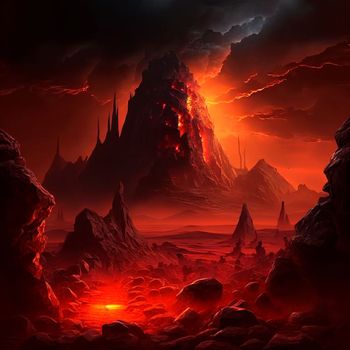 Red mountains, flashes and cracks on the surface. Gloomy sky. Magma and lava spread over the mountains. Lava world collection. High quality illustration