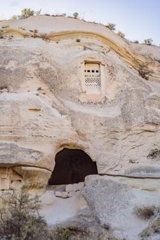 Beautiful stunning view of the mountains of Cappadocia and cave houses. Turkey.