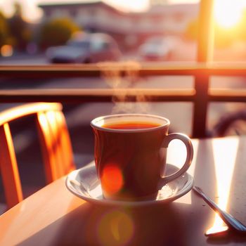 A mug of hot tea in the morning in a cafe. High quality photo