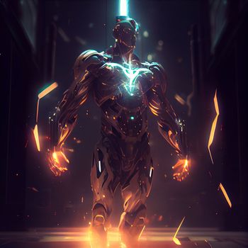 Modernized cyborg. Man in a robotic exoskeleton. New weapon. High quality illustration