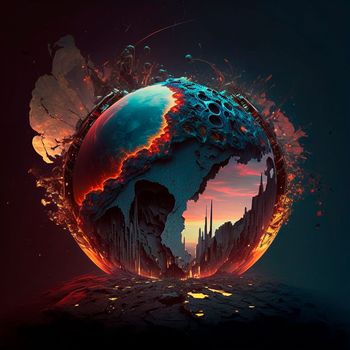 Red mountains, flashes and cracks on the surface. Gloomy sky. Magma and lava spread over the mountains. Lava world collection. High quality illustration