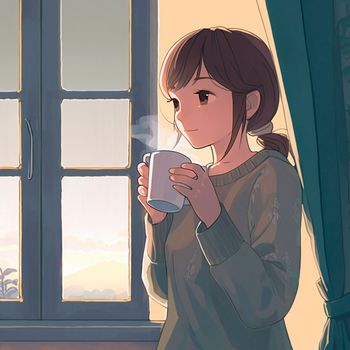 Girl with a cup of hot tea by the window in anime style. High quality illustration