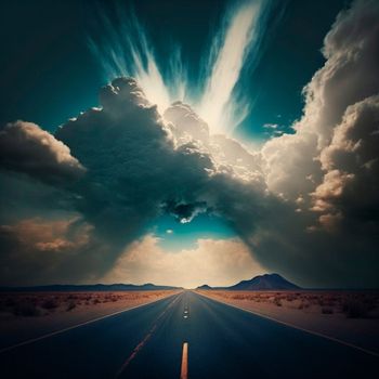 Stunningly beautiful view of the road and the sky, the road going to the sky. Symbolism of the life path. High quality illustration