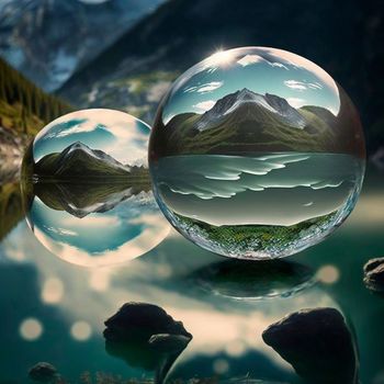 Transparent water spheres against a stunning backdrop of mountains and water. Reflection of the landscape and elements inside the spheres. High quality illustration