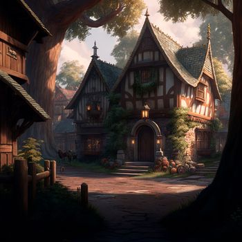Cozy fairytale town in fantasy style. High quality illustration