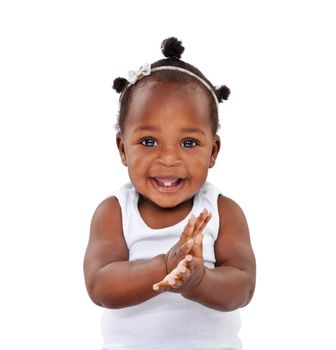 If you happy and you know it, clap your hands. Studio shot of an adorable baby girl isolated on white
