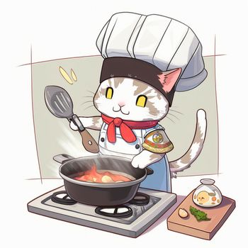 Cartoon image of a cook's cat in a chef's hat, who cooks something in the kitchen, cartoon. High quality illustration