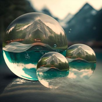 Transparent water spheres against a stunning backdrop of mountains and water. Reflection of the landscape and elements inside the spheres. High quality illustration