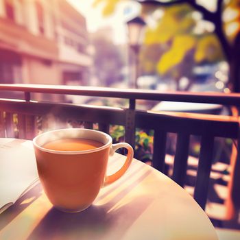 A mug of hot tea in the morning in a cafe. High quality photo