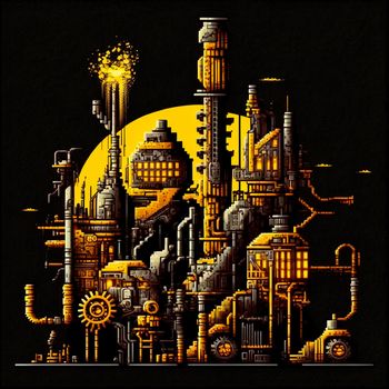 2D Factory in pixel art style. High quality photo