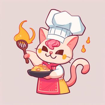 Cartoon image of a cook's cat in a chef's hat, who cooks something in the kitchen, cartoon. High quality illustration