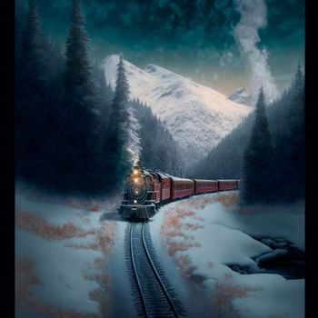 Winter train rides in snowy mountains. A beautiful winter fairy tale. High quality illustration