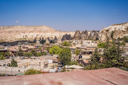 Beautiful stunning view of the mountains of Cappadocia and cave houses. Turkey.