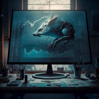 computer and screens with graphs in the office in retro style, graph analysis and world map. High quality illustration