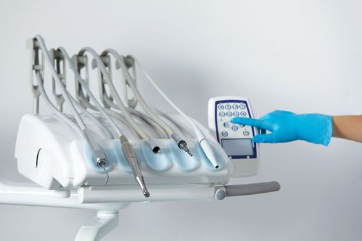 Dental health care concept background - Different stomatology instruments and tools in a dentists office