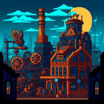 Cartoon image of a steampunk city stylized as pixelart. High quality illustration