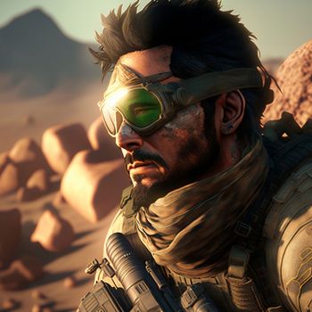 soldier in a helmet and combat goggles during an operation in the desert. High quality illustration