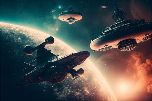intergalactic spaceships on the background of planets and space. High quality illustration
