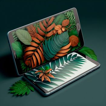 nature breaks out of the phone, tablet, laptop. Design, graphics. Image on tablet and phone side by side, graphics, graphic design. High quality illustration