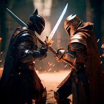 epic cinematic battle of two warriors in armor. High quality illustration