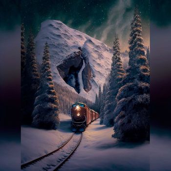 Winter train rides in snowy mountains. A beautiful winter fairy tale. High quality illustration