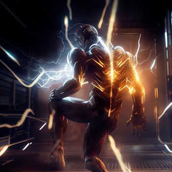 Modernized cyborg. Man in a robotic exoskeleton. New weapon. High quality illustration