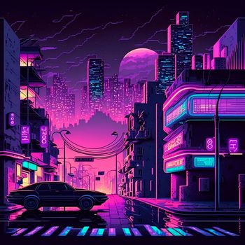 Cartoon image of a cyberpunk street. High quality illustration