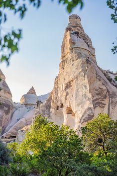 Beautiful stunning view of the mountains of Cappadocia and cave houses. Turkey.