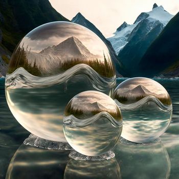 Transparent water spheres against a stunning backdrop of mountains and water. Reflection of the landscape and elements inside the spheres. High quality illustration