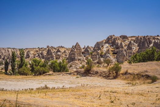 Unique geological formations in Love Valley in Cappadocia, popular travel destination in Turkey.