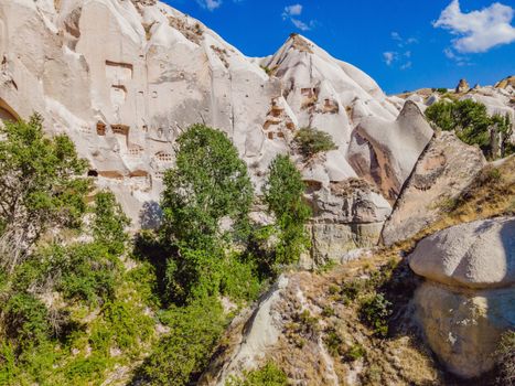 Beautiful stunning view of the mountains of Cappadocia and cave houses. Turkey.